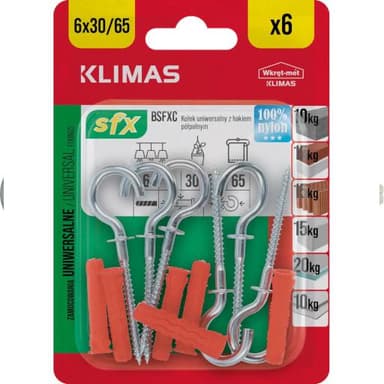 Kołek z hakiem sufitowym czerwony 6x30mm 6szt 65mm